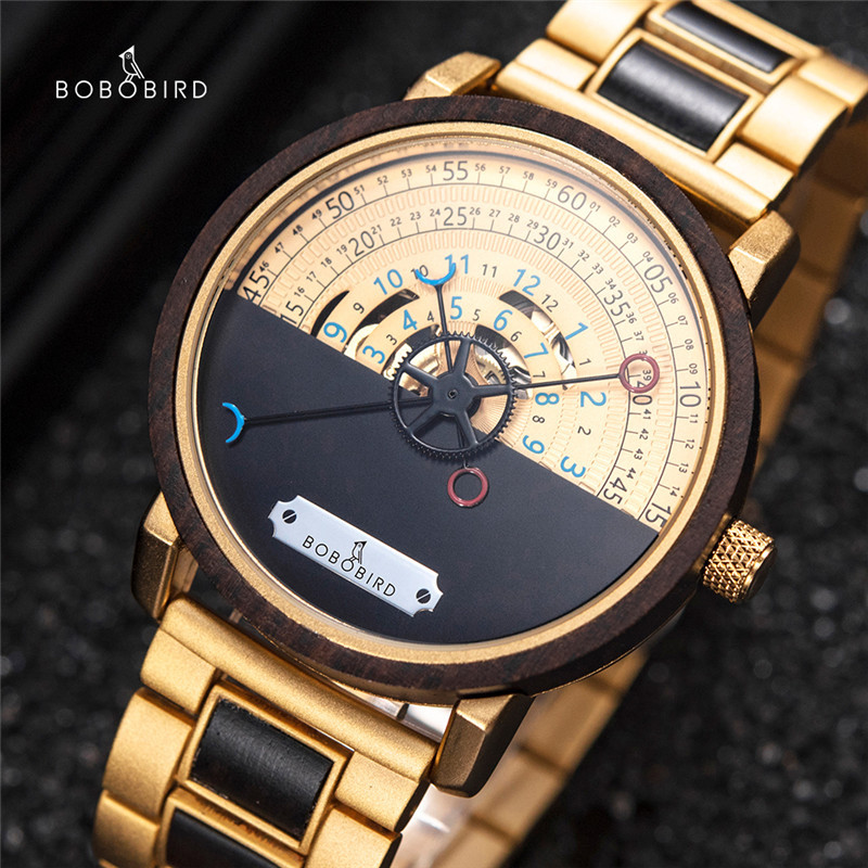BOBO BIRD Men Automatic Mechanical Watch Wood Wristwatches Transparent Backcover Golden Timepieces C