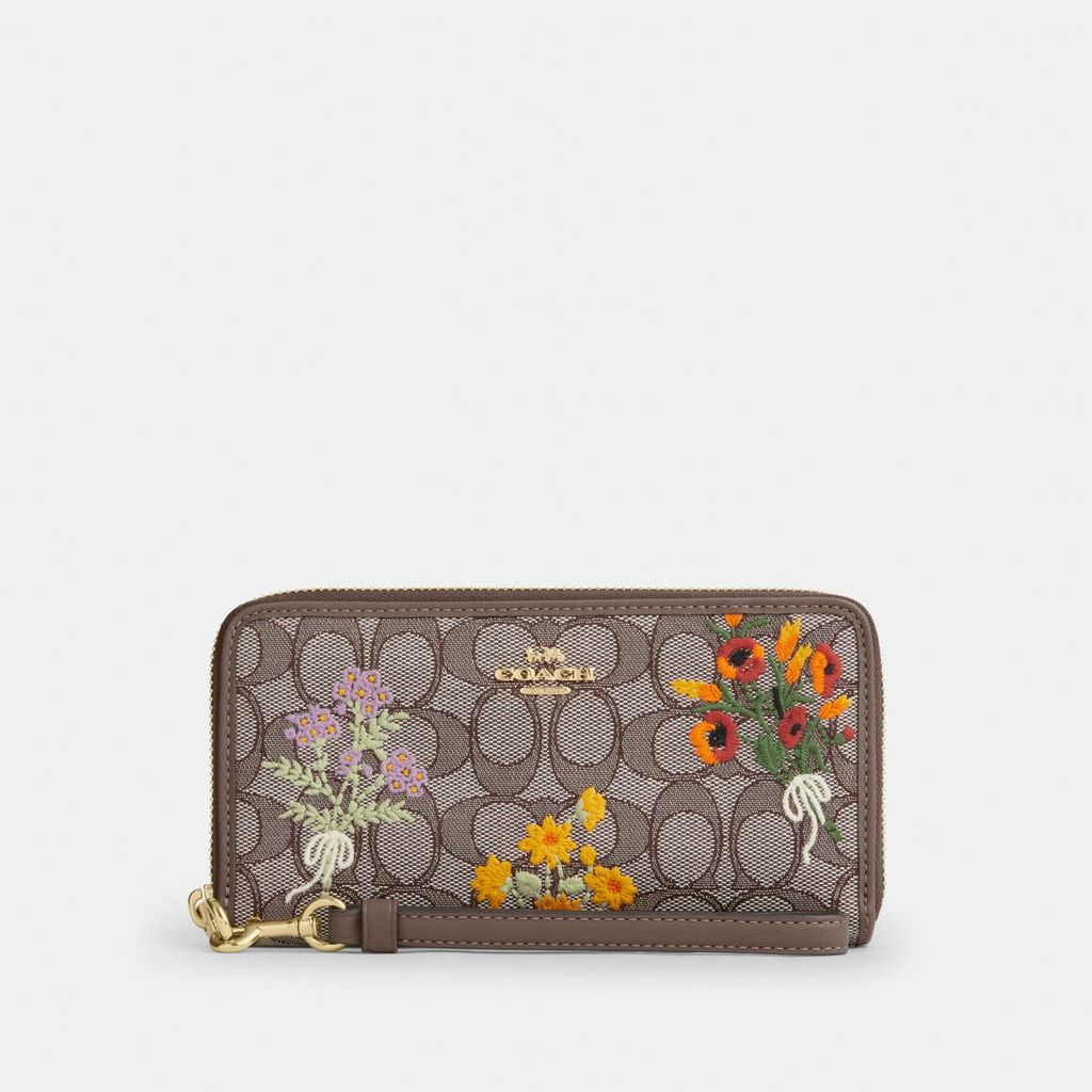 Coach Long Zip Around Wallet in Signature Jacquard with Floral Embroidery - Dompet Panjang Wanita