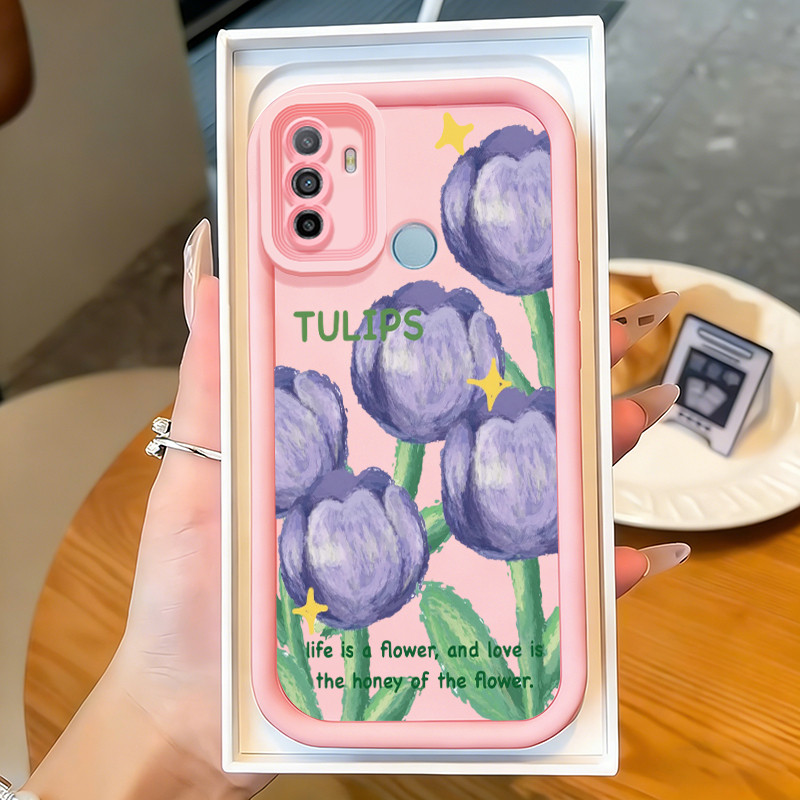 Casing Hp untuk OPPO A53 A53s A32 A33 2020 A11s Case Tulip ungu Kasing silikon Cesing dengan pelindu