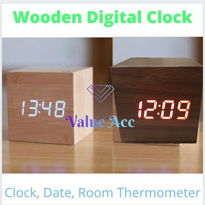 Jam Meja kayu Digital LED - Wooden Digital Clock
