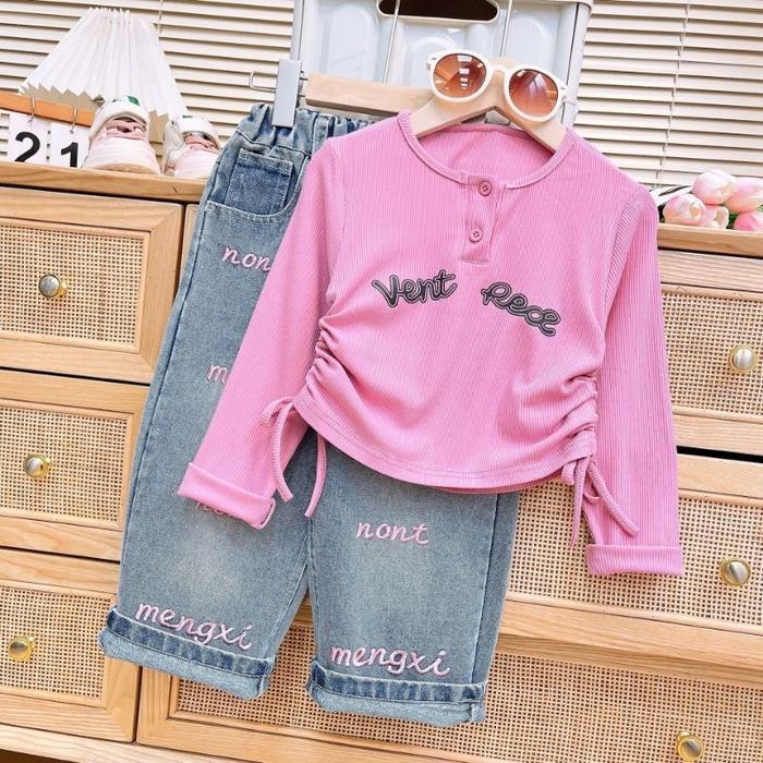 Baju Set Pink Fashion Anak Kekinian Baju Korea Fashion Style Baju+Celana Panjang Anak Perempuan