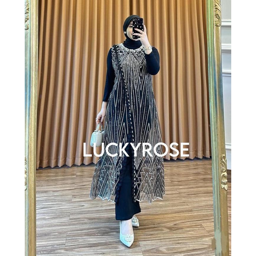 Kaora Outer Tille Payet Brukat Lengan Kutung Outer Tanpa Lengan Cardigan Brokat Payet Mutiara Outer