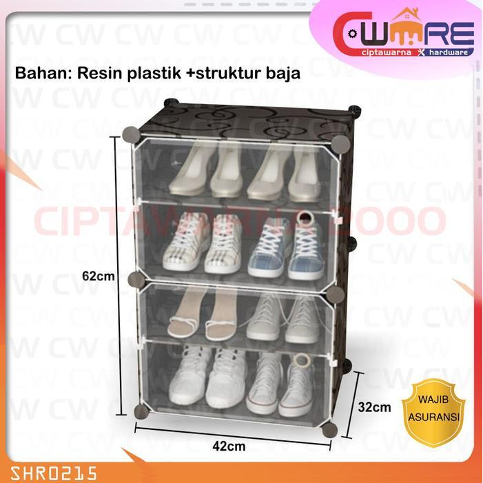 Rak Sepatu Plastik 4 susun Portable Bongkar Pasang Pintu transparan