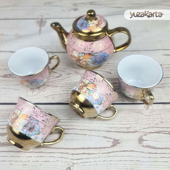 Set Gelas Cangkir Minum Teh Tea Kopi 4 Cups + 1 Teko Keramik Cantik