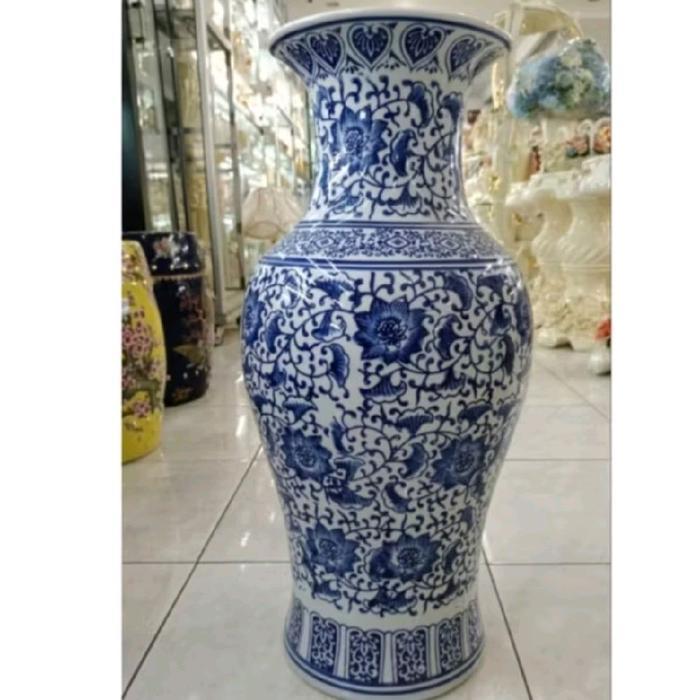 Guci Vas Kanxi Biru Putih Porselin Tinggi 60 Cm Dengan Desain Elegan Dan Motif Bunga