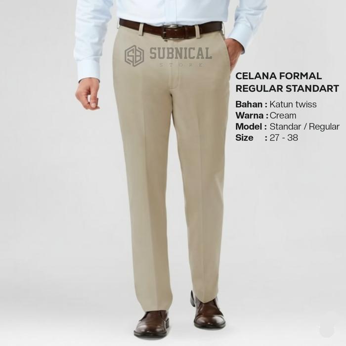 ASLI Celana Bahan Panjang Kantor Pria Standart Regular Warna Cream Gombrong Katun Twiss Tisu READY