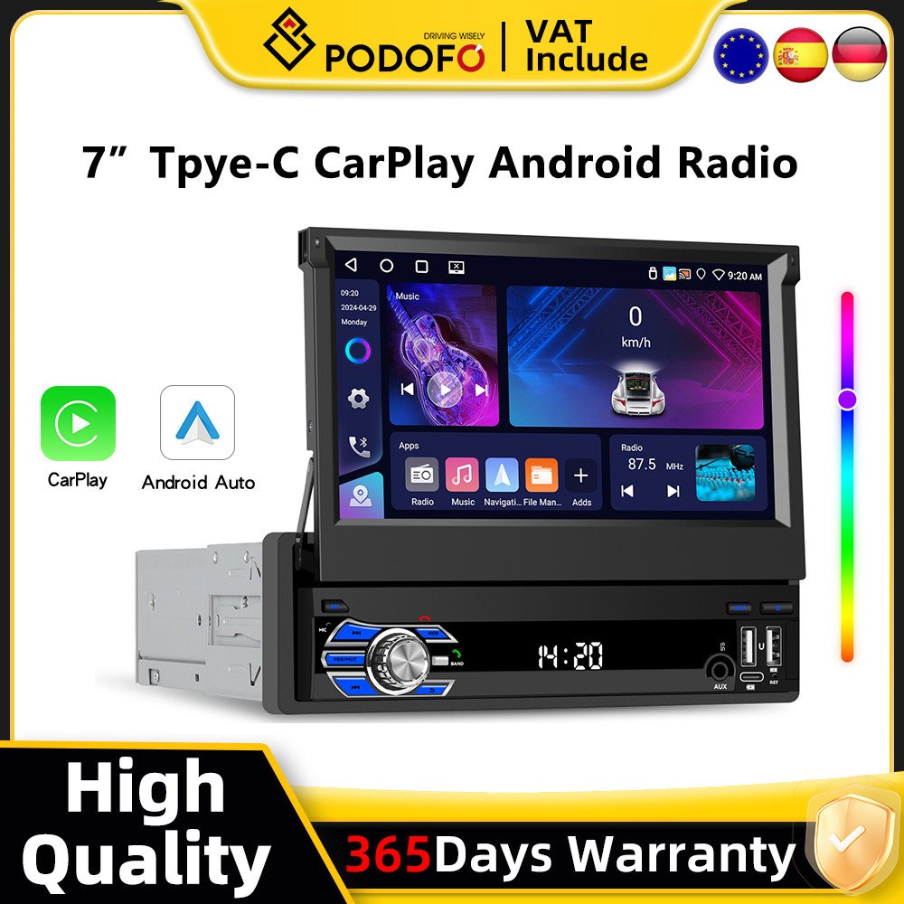 Podofo 7 "1din Wireless CarPlay Android Radio MP5 Multimedia Player 1 Din GPS Stereo Receiver