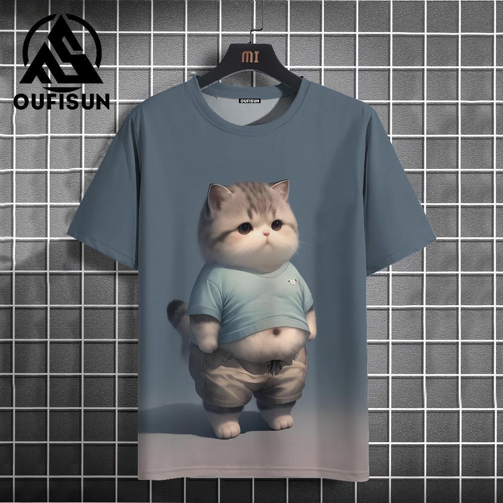 Fashion Sketch Animal Graphic Men T-shirts Cats 3D Print Oversize Short Sleeve Men T shirt O-Neck