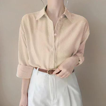 Yagoo - Kemeja Salur Oversize Kemeja Panjang Salur Wanita