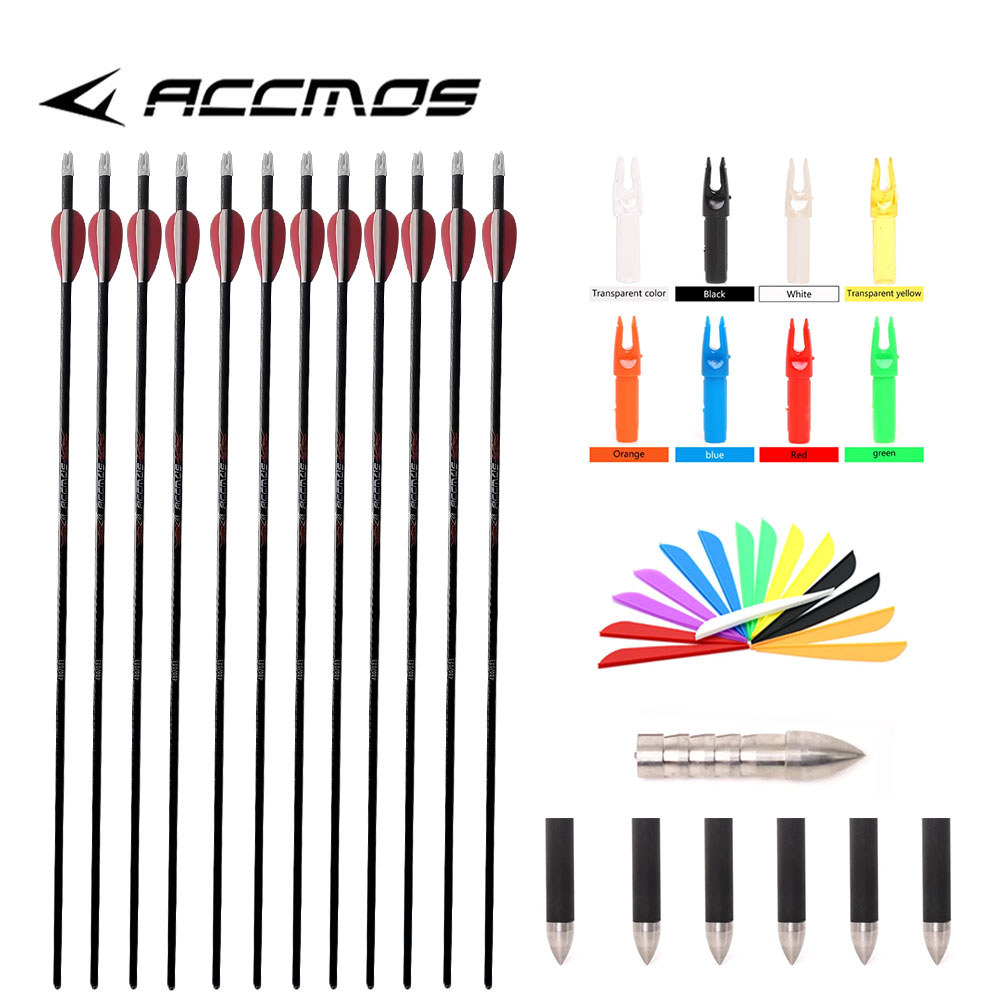 12 Pcs 3K Pure Carbon Arrow ID 6.2mm 31 inch Spine 200 250 300 350 400 500 for Archery Bow Hunting