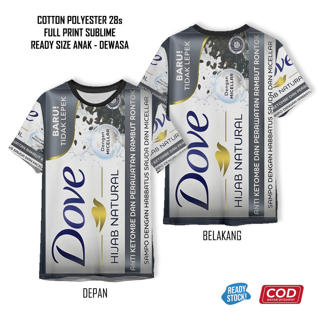 Kaos Sampo Anti Noda Ketombe Pencuci Rambut Rontok Lepek Dove Full Printing Keren | Baju 3D Shampo A