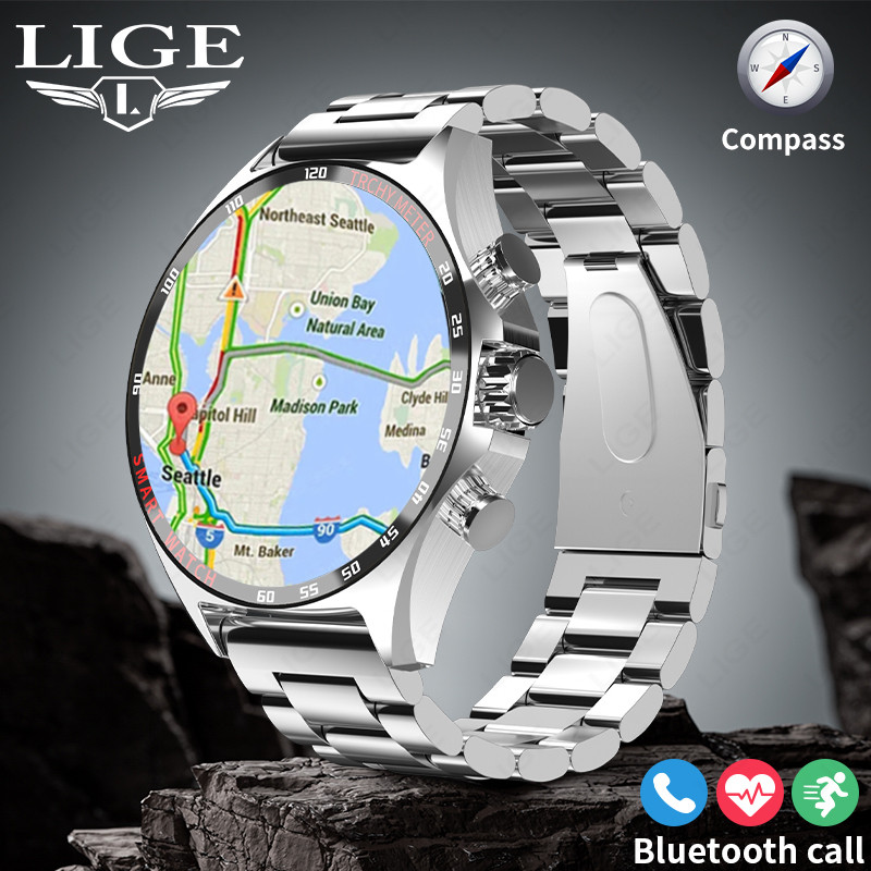 LIGE New GPS Smart Watch Men Outdoor Compass Sport Fitness Bracelet Bluetooth Call Clock Waterproof 