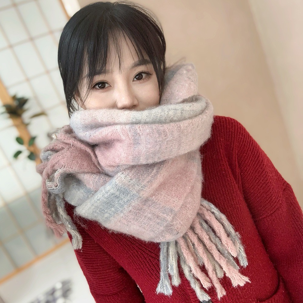 Retro Mohair Plaid Wool Scarf Tassel Winter Cashmere Scarves Solid Color Thicken Long Shawl Autumn