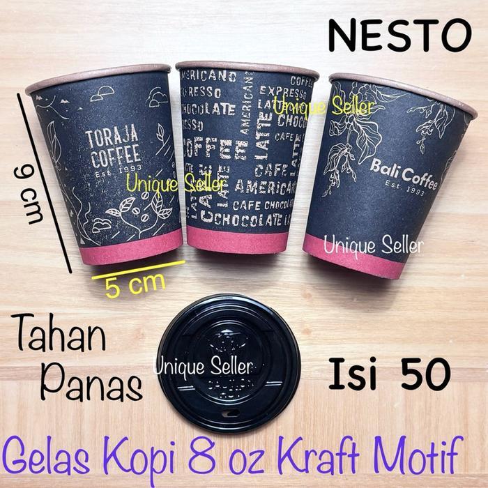 [Isi50] Paper Cup 8 oz Tahan Panas NESTO Kraft Motif dengan tutup dan sedotan / Gelas Kopi Kertas