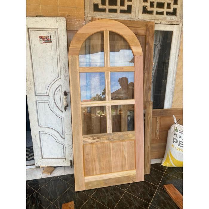 pintu + kusen kaca bening / riben jati mahoni model lengkung melengkung terbaru - Jati, 80*200