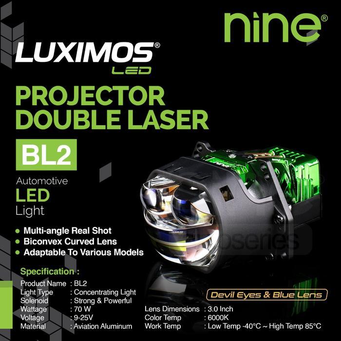 LAMPU BILED DOUBLE LASER NINE LUXIMOS BL2 70 WATT PUTIH 3 INCH DEVIL MERAH / BIRU GARANSI 1 TAHUN