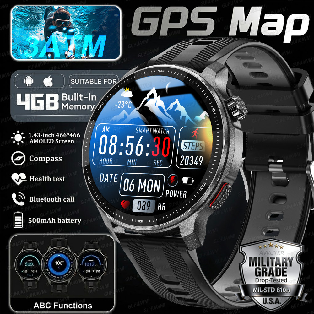 Jam Tangan Pintar GPS Peta Offline untuk Olahraga Outdoor dengan Pemutar Musik