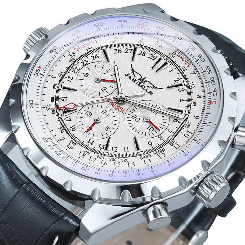 JARAGAR Fashion Pilot Mechanical Watch for Men Multifunctional Small Dials Leather Steel Strap