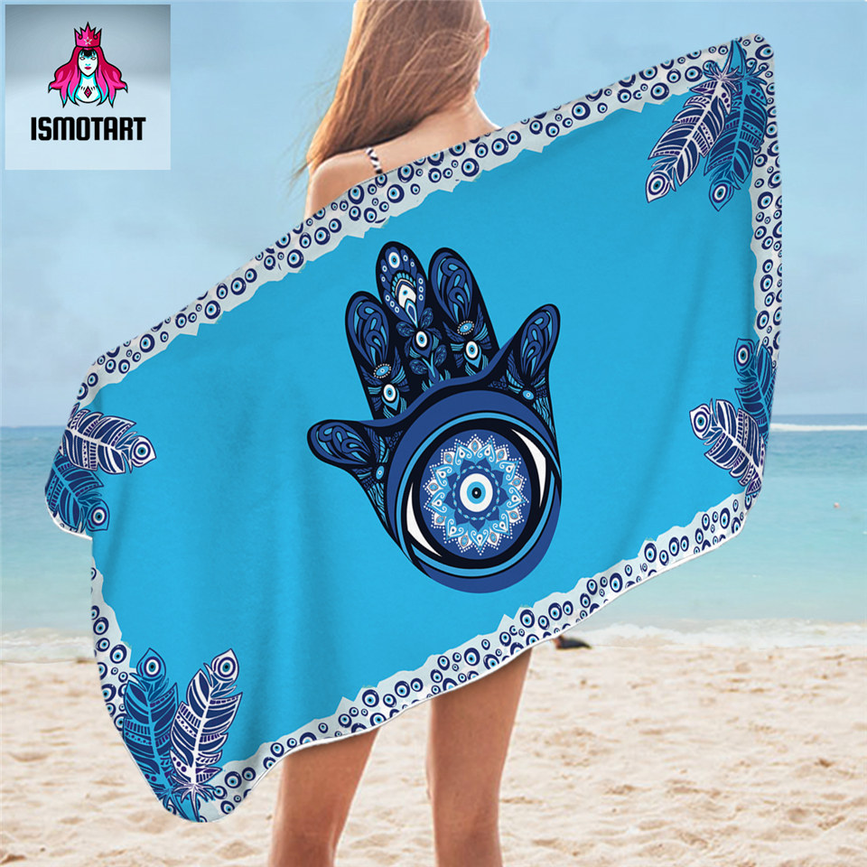 Evil Eye Hamsa by Ismot Esha Bath Towel Mandala Beach Towel Hand Blue Rectangle Beach Mat 75x150cm P