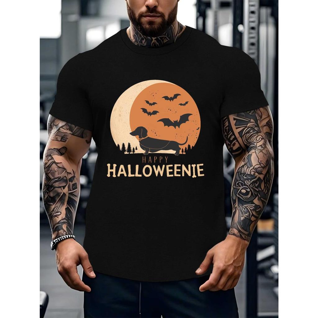 Men's Halloween T-Shirt - Happy Halloweenie Dachshund Costume Party Tee, Black Shirt with Bats- Hall