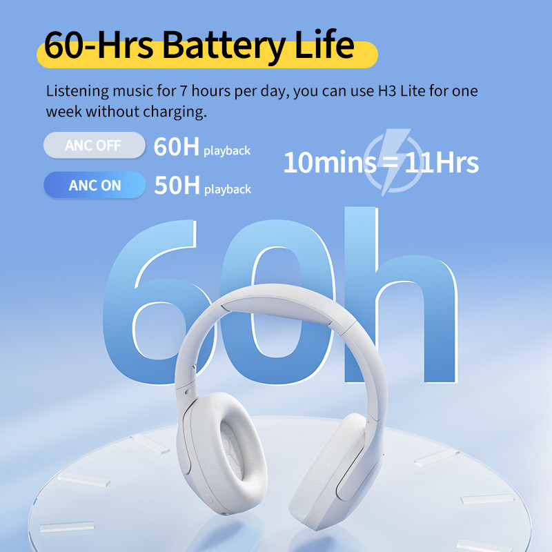 QCY H3 Lite ANC Wireless/Wired Headphones Bluetooth 5.3 Foldable Over Ear Headset HIFI Sound 60H
