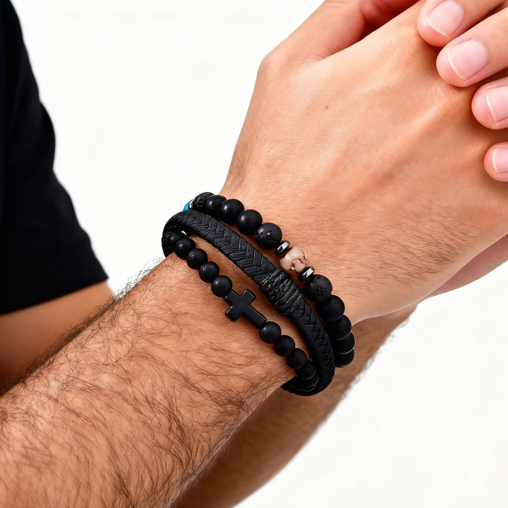 3pcs Punk Men's Bracelet,Black Color Natural Stone Beaded Bracelet,Cross Charm Wristband Gift