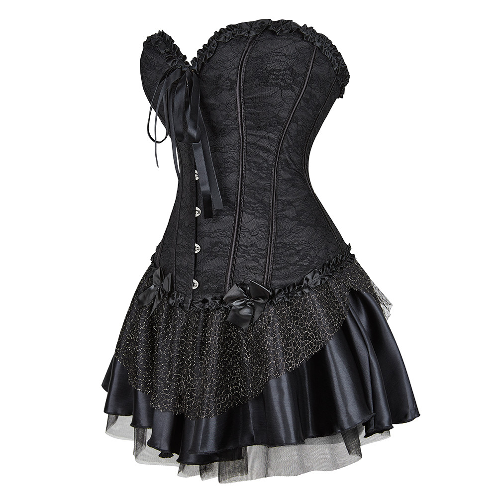 Gothic Vintage Floral Overbust Corset Top Sexy Satin Lingerie Bustier Lace Mini Tutu Skirt Women