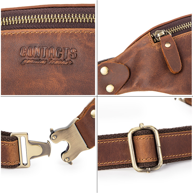 Contact's Crazy Horse Leather Waist Packs Hip bag Banana bag Large Capacity Fanny Pack for men