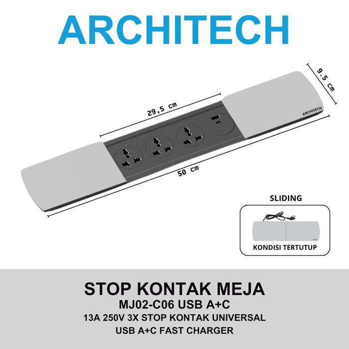 ARCHITECH MJ02-C06 USB A+C Stop Kontak Meja 3 STOPKONTAK Multi 3pin UNIVERSAL USB A+C FAST CHARGER