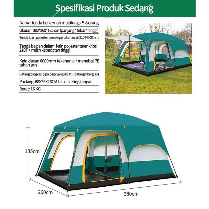 Tenda Camping 4-6 Orang Portable Waterproof Camping Tent Ruang Besar UV Protect Ventilasi Tenda 6-8
