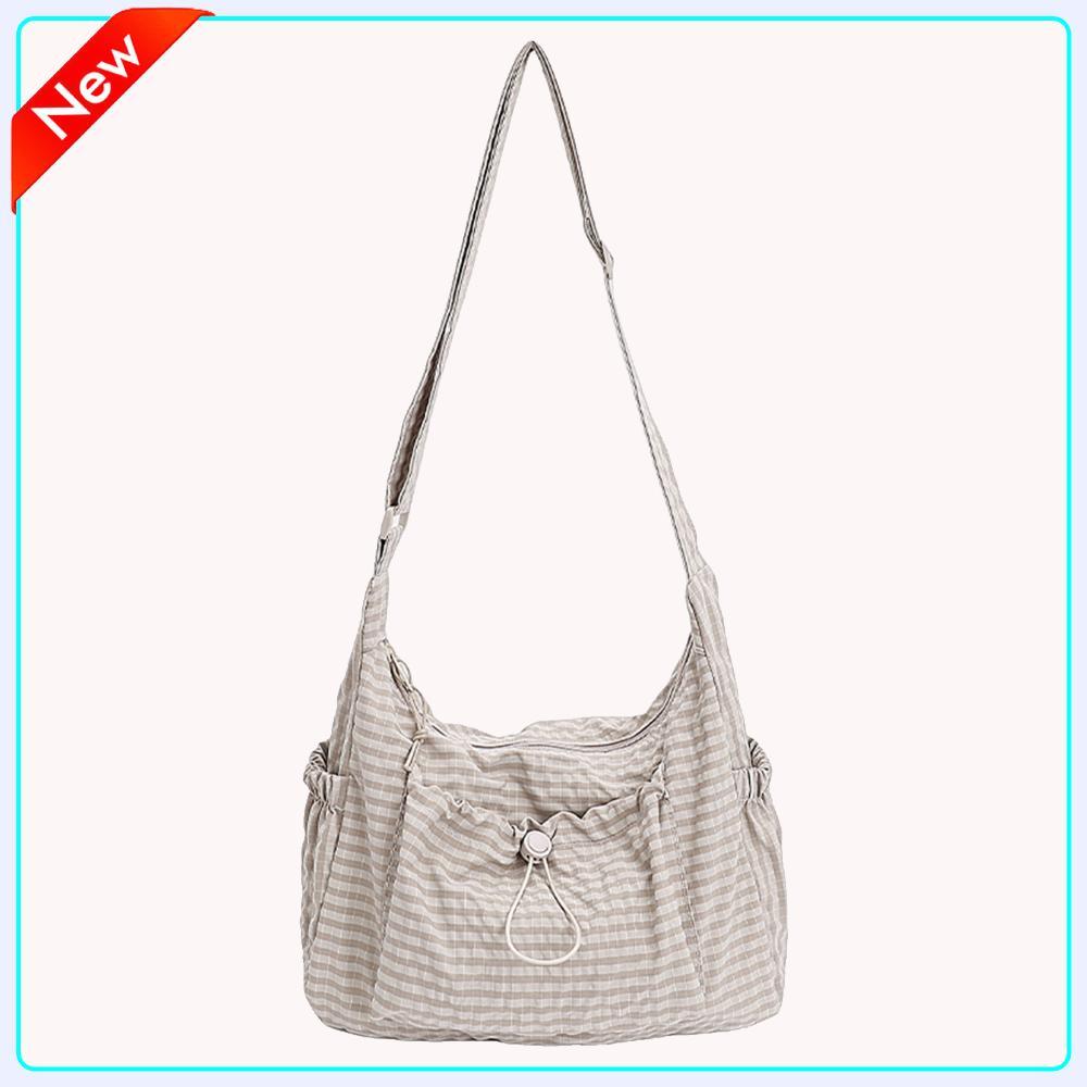 Women Drawstring Crossbody Bag Nylon Stylish Plaid Tote Bag Large Capacity Trendy Satchel Bag