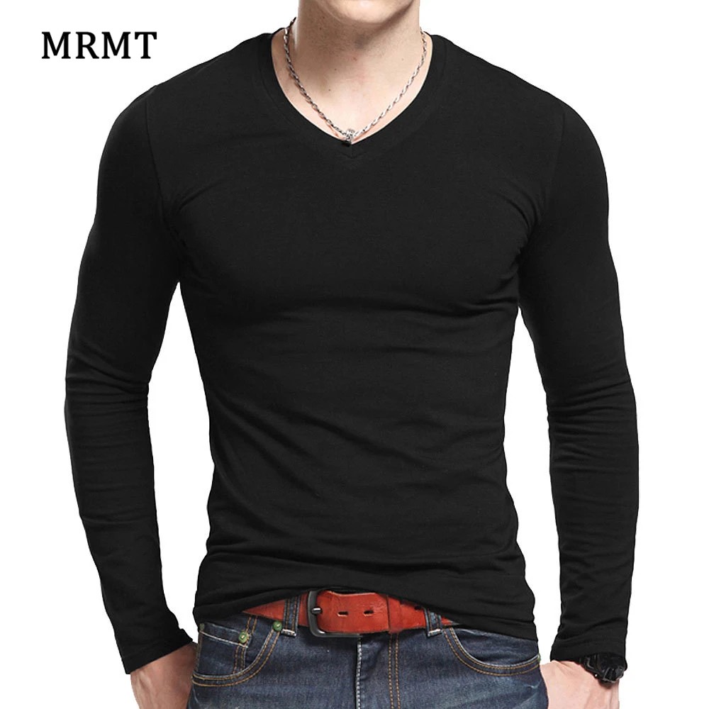 Men's T-Shirts Long Sleeve V Neck T Shirt 2025 MRMT Men Polyester T-Shirt Solid Color Slim Tight Man