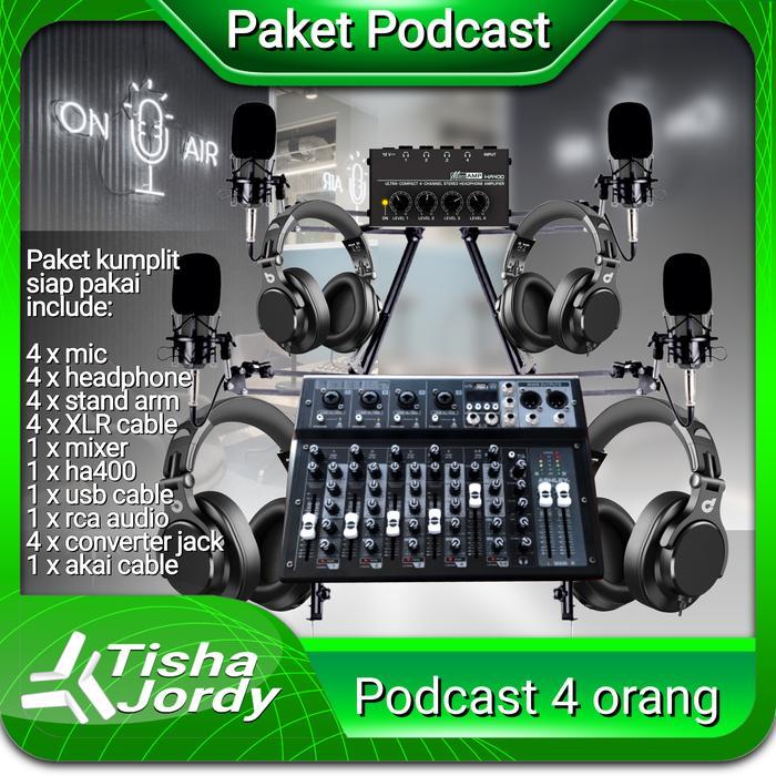 Premium Paket Podcast 4 Orang 4 Mic, Stand, Soundcard Mixer Original