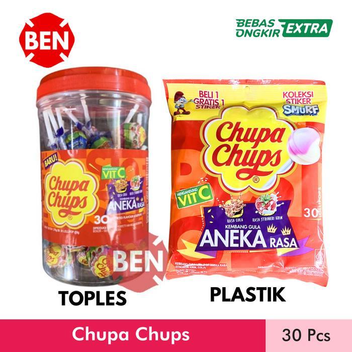 "New" Permen Chupa Chups Lollipop 1 TOPLES 30 Pcs Lolipop Cola Stroberi