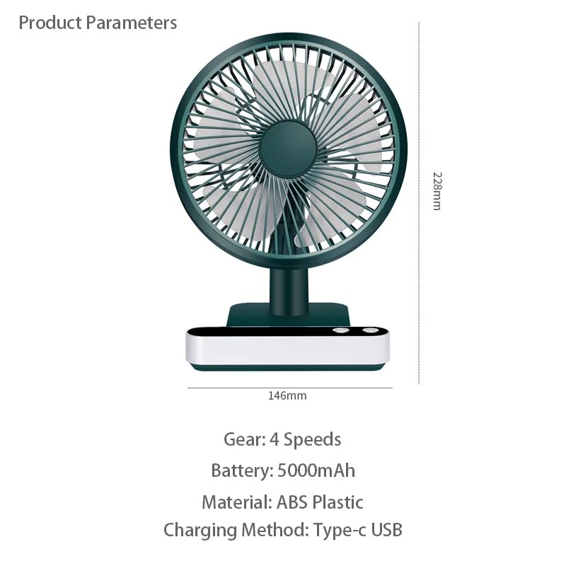 USB Rechargeable Oscillating Desk Fan 4 Speed Settings 5000mAh Mini Table Cooling Fan Adjustable