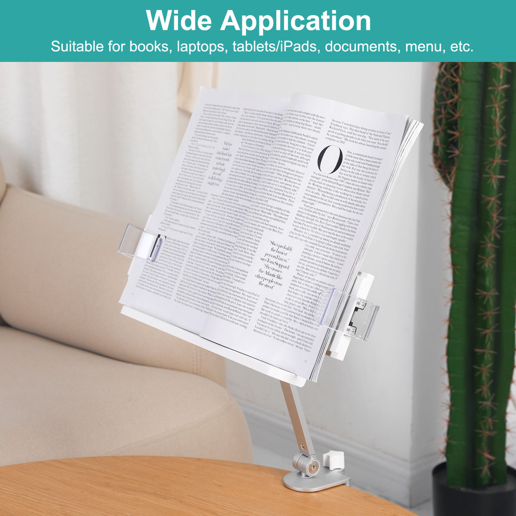 Reading Book Stand Metal Reading Rest Book Holder with Page Clips Height Angle Adjustable 360
