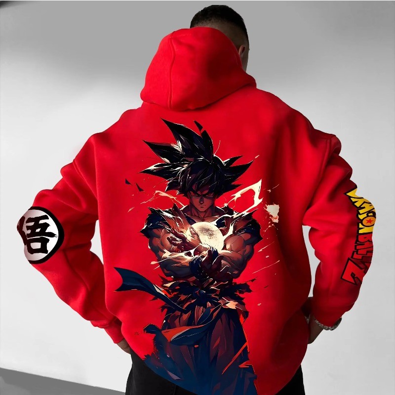 Dragon Ball 2025 Autumn and Winter Men's Hoodie Goku Printed Red Loose Hoodie Casual Streetwear