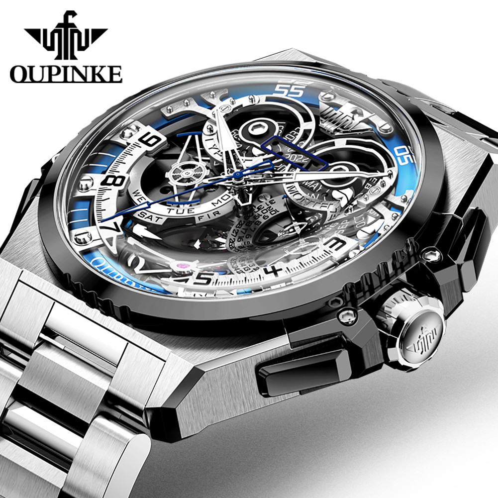 OUPINKE Mechanical Watches Mens Multifunction Tourbillon Design Skeleton Waterproof Sapphire Big