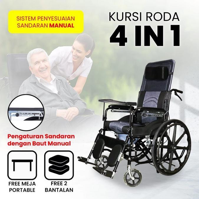 Kursi Roda 24 Inch Sandaran Rebah 180 Derajat Hidrolik Dengan Meja Portabel Baskom Pispot Kursi Roda
