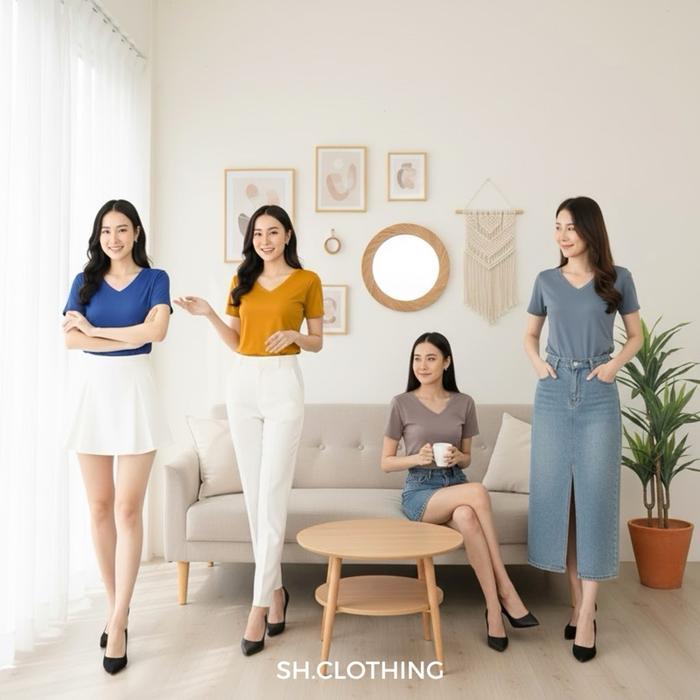 Sh Elena T-Shirt Baju Wanita Fit Body V Neck Nyaman Kaos Polos Rayon Pendek Pasti Ori