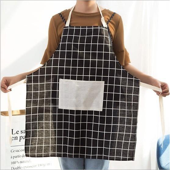 Apron Kotak -Kotak Celemek Kotak-Kotak Cantik Kantong Depan Kain Katun Dan Linen Praktis Terpercaya