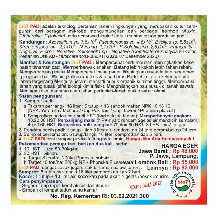 "New" PUPUK ORGANIK HAYATI CAIR BIOAKTIVATOR BIO7 PADI (PALAWIJA) 1 LITER