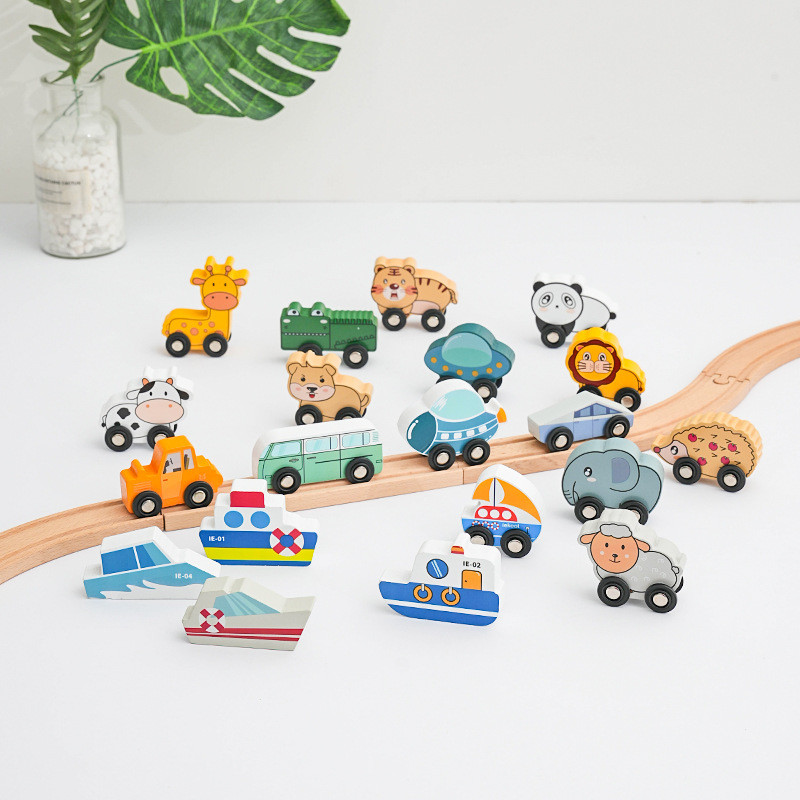 Wooden Train Track Accessories Car Boat Cartoon Cute Animal Spaceship Compatible Brand Wooden Track 