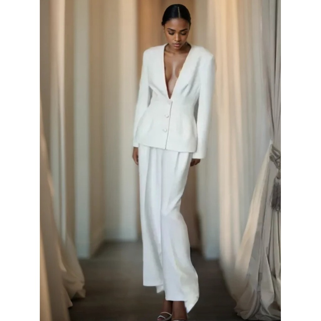 Autumn Two-piece Sets for Women 2024 Fashion White Elegant Deep V-neck White Suit Jacket Long Pants