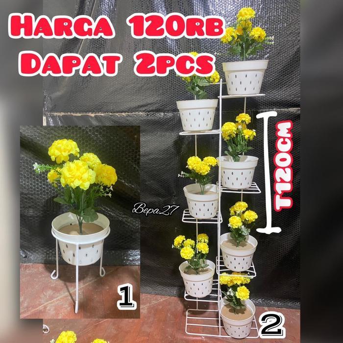 Little_Little_ Paket 2Pcs Rak Bunga Besi Standing Pot Rak Serbaguna Rak Minimalis Putih Bunga Kuning