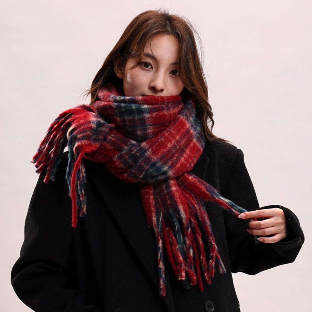 Retro Mohair Plaid Wool Scarf Tassel Plush Winter Cashmere Scarves Korean Style Solid Color Long