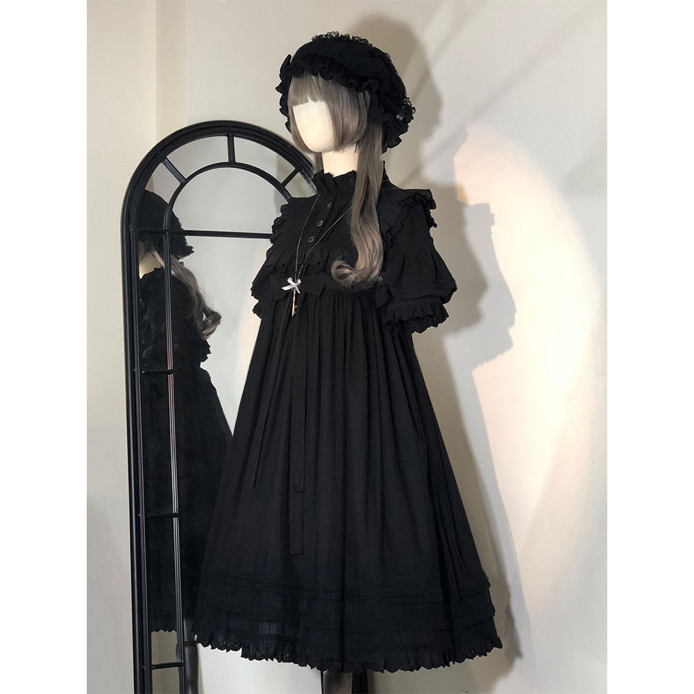 Classical Gothic Lolita Dress Black Loose Puff Sleeve Dresses Women Summer Darkly Retro Sweet