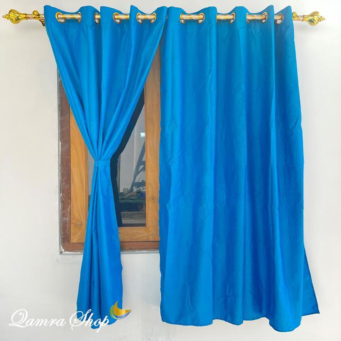 Gorden Jendela Kamar Pendek Polos Embos Warna Sky Blue Biru Muda Smokring 10 Lubang