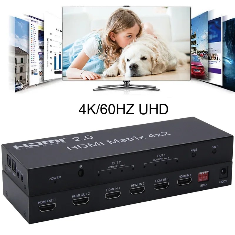 Terbaru HDMI2.0 4x2 Matrix 4K 60Hz Switch Splitter HDCP2.2 3D EDID 4Kx2K Video Switcher W/ Optical R