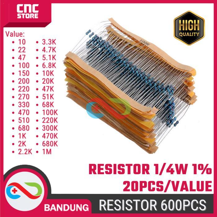 Paket 600PCS Resistor 1/4W 1 Metal Film 30 Nilai Resistor per 20PCS untuk Proyek Elektronik .